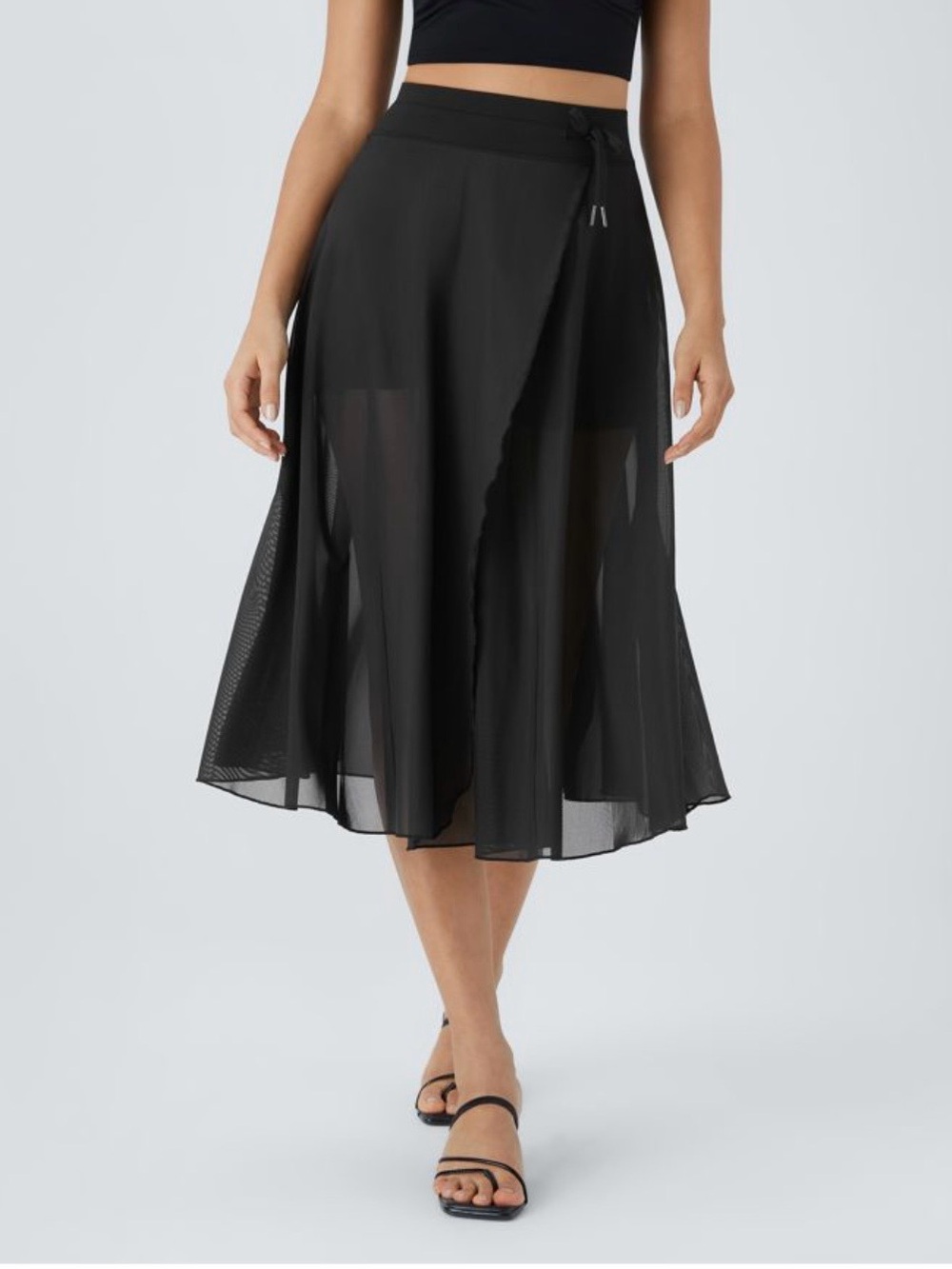 High Waisted Drawstring Contrast Mesh 2-in-1 Pocket Flowy Midi Flare skirt- NWT - Picture 2 of 11